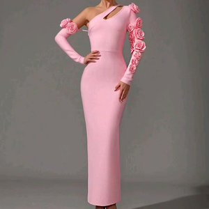 Vestido <span class=keywords><strong>de</strong></span> Fiesta Largo <span class=keywords><strong>de</strong></span> Gasa y Cachemira con Flores Blancas en 3D, Cuello Asimétrico, Cintura Natural, Silueta <span class=keywords><strong>de</strong></span> Sirena, Apliques Calados - Product Image 1