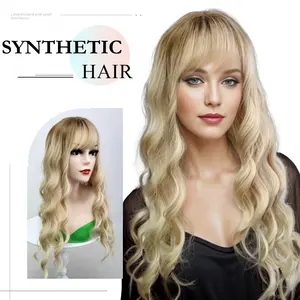 Light Ash Blond wig Ombre sintetis akar gelap tahan panas rambut panjang bergelombang tirai Bang wig panjang bergelombang wig ombre