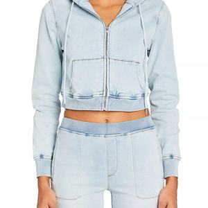 Hoodie en jean court zippé personnalisé pour filles, coupe slim, en molleton bouclette vintage, coton côtelé, style streetwear, survêtement - Product Image 2