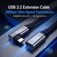 Câble d'extension USB 3.2 Type C à angle droit 20 Gbit/s 240 W 5 A Mâle vers Femelle Tressé en Alliage 4K 60 Hz pour Ordinateur Portable OEM ODM Usine