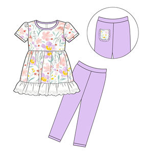 GSPO2261 Conjunto de Ropa Infantil Personalizada para Niña Activa con Estampado de Flores Azules y Pollo, Venta al por Mayor, Manga Corta - Product Image 4