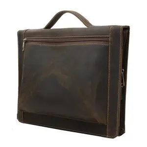 Print Logo Business Tablet Computer Holder Card Pockets Pen Slot Brown Genuine Handbag Leather Folder Portfolio For Meeting