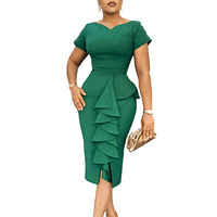 Gaun Gereja Wanita S-3XL Hijau Biru Royal Pink Lengan Pendek Bodycon Ruffle Vintage untuk Kerja Gaun Pensil Midi