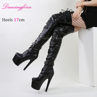 Chaussures de pole dance sexy à talons hauts de 17 cm avec boucles et lacets, bottes cuissardes à lacets pour femmes