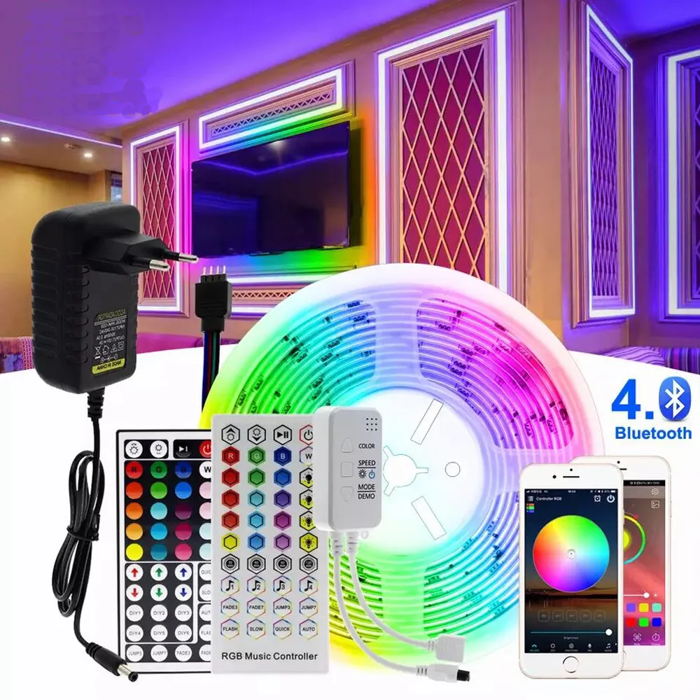 Amazon Alexa Tuya Lampu Strip LED Fleksibel, WIFI Nirkabel 5050 RGB 5 Meter 16 Warna Lampu LED Cerdas Tahan Air dengan Remote