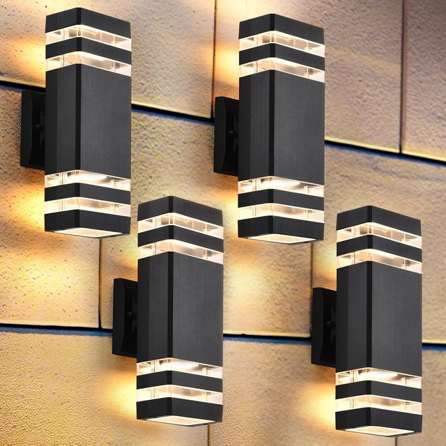 4 Pack Outdoor Wall Lights, Modern Exterior Lighting Fixtures Wall Mount, 2-Layer Black Outdoor Lights for House