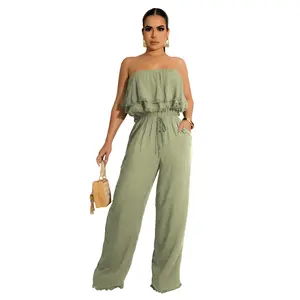 Wholesale high-quality European and American style summer women's sleeveless solid color fashion sexy ruffle bra jumpsuit women