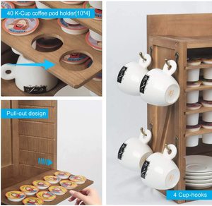 Support à café en bois multicouche pour la maison, le bureau et la cuisine, avec tiroir coulissant pour K-Cups et rangement pour grains - Product Image 4