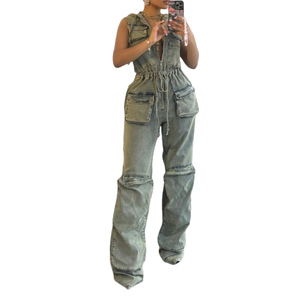 Combinaison en jean décontractée sans manches, extensible, rétro, multi-poches, à capuche, pour femme - Nouvelle collection en gros - Product Image 2