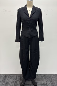 Ensemble <span class=keywords><strong>tailleur</strong></span> <span class=keywords><strong>pantalon</strong></span> 2 pièces pour femme, blazer noir à revers cranté et boutons, avec <span class=keywords><strong>pantalon</strong></span> large à jambes longues - Product Image 5