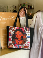 Nouvel Arrivage : Sac à Bandoulière Mini en Toile Imprimée Dessin Animé Fille Noire Mignonne avec Fermeture Éclair pour Sorties Filles – Design Élégant