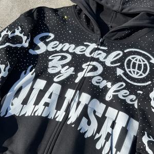 Sweat à capuche surdimensionné imprimé de haute qualité 420 Gsm, streetwear, en molleton français, avec fermeture éclair et strass - Product Image 5