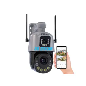 Kamera keamanan dalam ruangan/luar ruangan 6MP 8K dengan 10X Zoom optik Audio WIFI CCTV PTZ empat lensa dua layar kamera jaringan lensa ganda