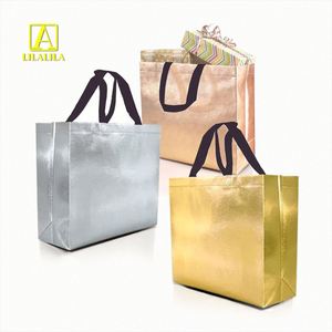 Customized Gold Silver Fabric Packaging Reusable Carrier Shopping Pp Metallic Non Woven Tote <b>Bag</b> With Logo - Product Image 1