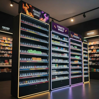 Vitrine à tabac personnalisée avec porte en verre ouverte, étagère en métal, écran publicitaire LED