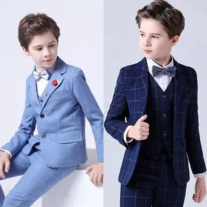 2022 Spring Big Boys Top Quality Plaid Wedding Suit Teenager Kid Formal Tuxedo Bowtie Dress Children Party Performance Costume