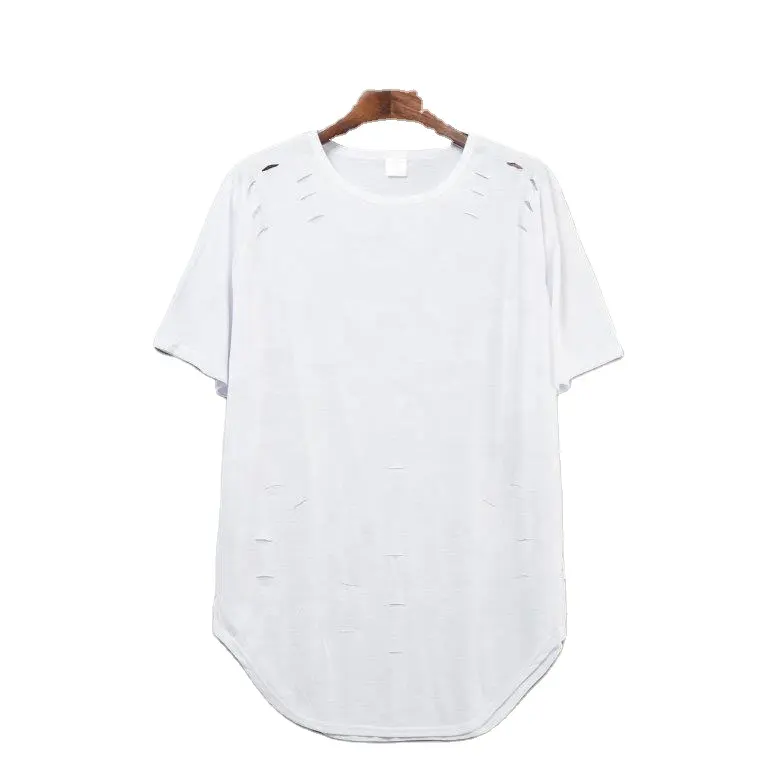 Boş Hip Hop Yırtık T-shirt Kısa Kollu Kavisli Hem özelleştirilmiş gömlek Süblimasyon Baskı Gerçek Fabrika Erkekler T Gömlek