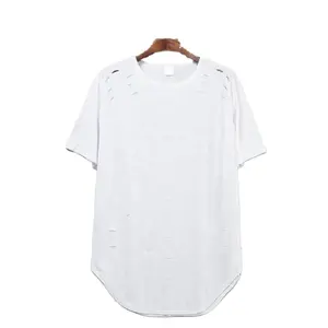 Kaus Polos Hip Hop Robek dengan Lengan Pendek Kelim Melengkung Kaus Kustom Pencetak Sublimasi Pabrik Asli