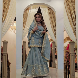 Elegant <b>Light</b> <b>Blue</b> <b>Lehenga</b> Choli Gold Embroidery Traditional Indian Wedding Dress Women Floor-Length Regular Fit In-Stock - Product Image 1