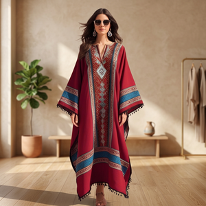 Robe longue bohème florale à col en V, manches chauve-souris, broderie géométrique en dentelle, taille naturelle, écologique, respirante, coupe régulière - Product Image 3