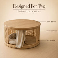Table basse ronde en bois et rotin tressé avec niche pour chat, idéale pour le salon, conçue pour une utilisation partagée entre les humains et les animaux domestiques