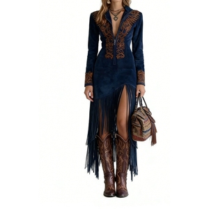 Vestido <span class=keywords><strong>de</strong></span> <span class=keywords><strong>Mujer</strong></span> Estilo Vaquero con Flecos <span class=keywords><strong>de</strong></span> Ante Sintético, Bordado y Cierre Frontal, Ajustado al Cuerpo, Moda Sehe - Product Image 5