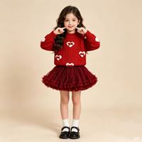 Ensemble Pull et Jupe en Maille pour Filles, Nouvelle Collection Automne, Pull à Manches Longues Imprimé Cœur avec Petit Nœud et Jupe en Tulle