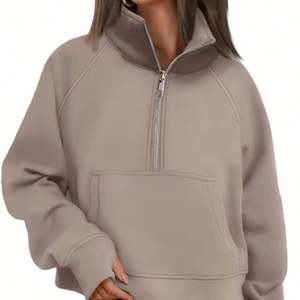 Sudadera de forro polar beige de color liso con bordado, estilo hip hop, holgada, de manga larga, con media cremallera, oversize, para mujer, primavera - Product Image 1