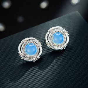 Stud Earrings Blue Stone Bezel Setting 925 Silver <b>Posts</b> Everyday Wear Geometric Design <b>Round</b> Shape - Product Image 1