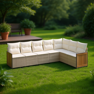 Conjunto de Sofás Modulares de Ratán Sintético PE Beige para Jardín, Muebles de Exterior con Diseño Contemporáneo y Cómodos Cojines de Espuma de Alta Densidad - Product Image 2