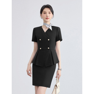 Women's Black V-Neck Double-Breasted Blazer Skirt Set Short Sleeve Formal Workwear Commute Anti-Wrinkle Worsted Fabric - Product Image 1