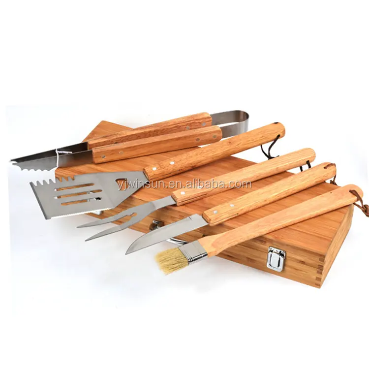 Amazon Hot Sale Bamboo Carry Box Bamboo Handle 5pcs BBQ Tools Set