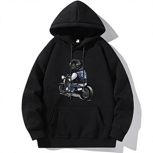 Sweat-shirt à capuche noir pour homme, imprimé dessin animé Pug à moto, coupe classique, coton, vintage, écologique, décontracté, pour l'hiver - Product Image 1