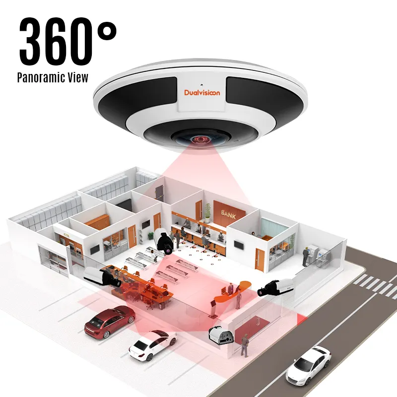 Hikir — caméra de surveillance dôme extérieure IP poe hd 12mp (vision panoramique 360 degrés), dispositif de sécurité avec lentille type œil de poisson et protocole p2p