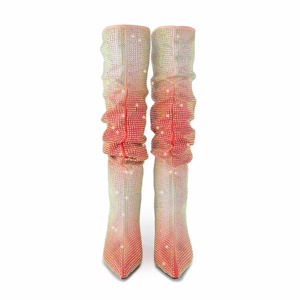 Winter Fashion Women Sexy Pencil High Heel Wide Calf <strong>Boots</strong> <strong>Sparkly</strong> Full Diamond Lady Gradient Satin Fabric Knee High <strong>Boots</strong> - Product Image 6