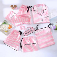Hochwertige benutzer definierte Pyjamas Solid Womens Nachtwäsche Pyjama 7-teiliges Set Pyjamas de Satin Mujer koreanische süße Pyjamas