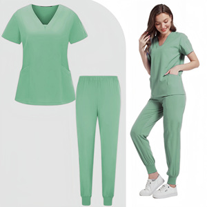 Women Scrub Suit Short Sleeve Ribbed Leg Elastic Split Set Moisture Wicking Hospital Dental Clinic Uniform - Product Image 3