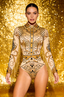 Combinaison à franges à manches longues avec diamants brillants Biju, décolleté plongeant, danse latine, défilé de mode, boîte de nuit, bar, costume de scène