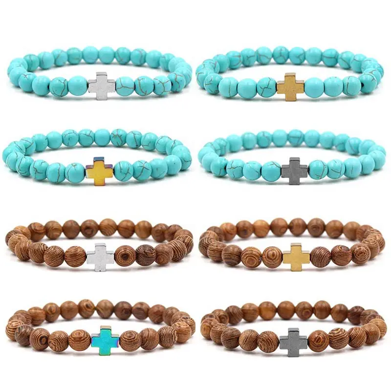 Đá Quý Tự Nhiên Bracelet Đàn Hồi Handmade Tự Nhiên Wenge Lava Turquoise Đá Bead Cross Bracelet Cho Nam Giới Phụ Nữ 8 Mét