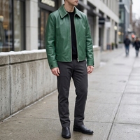 Veste moto en simili cuir vert pour homme