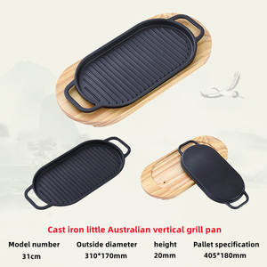 Wholesale Kitchen Cookware 22/31/38cm Cast Iron Steak <strong>Pan</strong> <strong>Grill</strong> <strong>Pan</strong> Cooking Sizzling Plate With Wooden Tray - Product Image 3