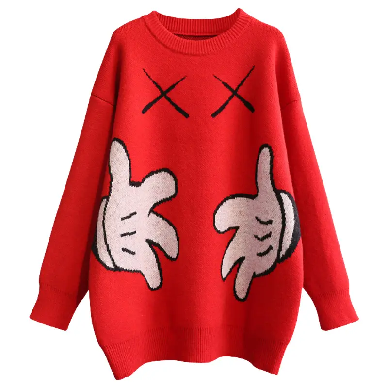 크리스마스 스웨터 새해 빨간 풀오버 코튼 패턴 여성 긴 소매 느슨한 두꺼운 니트 스웨터