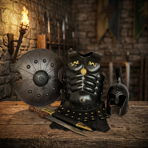 Conjunto de Armadura Espartana Romana de Acero Negro con Casco, Escudo y Malla Musculosa para LARP y Cosplay Histórico - Product Image 4