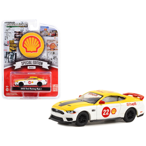 2022 Ford Mustang Mach 1 DCD #22 modellini auto in scala 1/64 in conchiglia gialla e bianca da corsa e olio edizione speciale serie 1