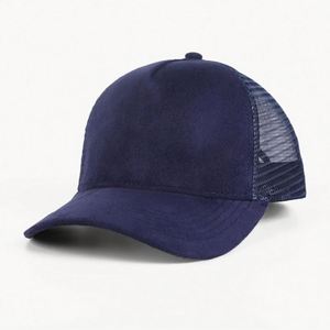 Casquettes en daim de haute qualité en gros, casquettes de camionneur personnalisées avec logo, casquettes de camionneur en daim à 5 panneaux avec maille - Product Image 3