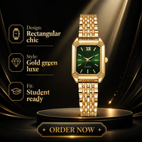 Montre à quartz à cadran vert, bracelet en métal rectangulaire, montre-bracelet analogique, mode féminine, cadeau pour étudiante