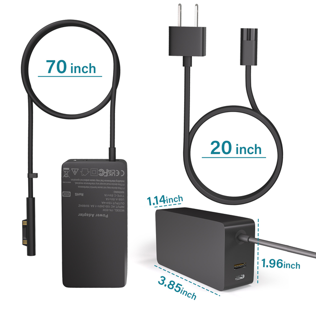 65W Surface Laptop Charger with Wall Plug 6ft Power Cord Compatible Surface Pro 9/8/7/6/5/4/3/X Surface Go 3/2/1 Electric Type