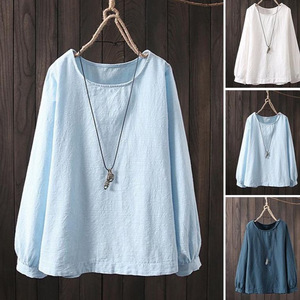 Kemeja & Blus Wanita Warna Solid Lengan Panjang Kerah Bulat Ukuran Besar Atasan Baju Dasar Pakaian Kantor Atasan Wanita Musim Gugur - Product Image 1
