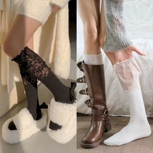 White Ruffled Lace Slouch <b>Socks</b> Women's Calf Length Breathable Cotton Ballet Style <b>Socks</b> For Youth 18-40 Years Old - Product Image 3