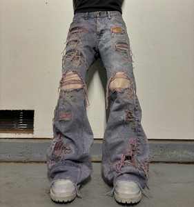 남자의 빈티지 고딕 스트리트 패션 청바지 맞춤 의류 제작 브랜드 눈물 패치 프린지 느슨한 남자 친구 맞춤 - Product Image 1